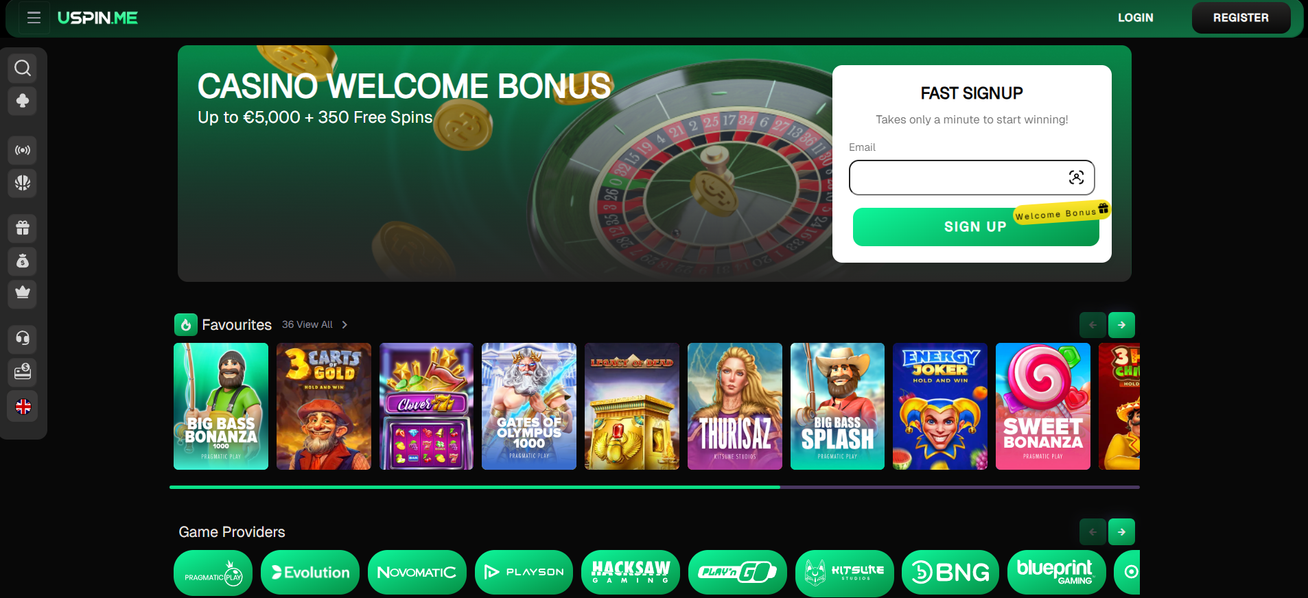 Officiele Uspin Casino homepage screenshot met welcome bonus banner, signup formulier en populaire slots