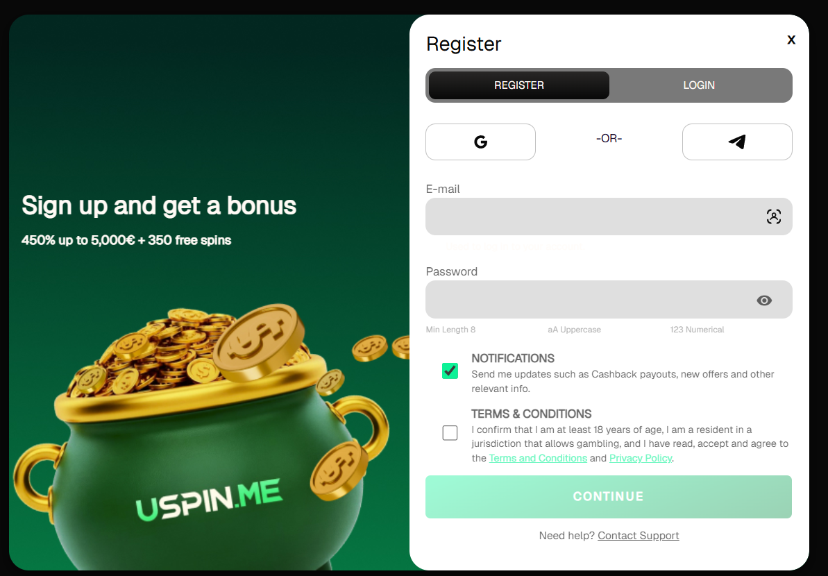 Uspin Casino registratie screenshot met sign up flow, welcome bonus en account aanmaak formulier